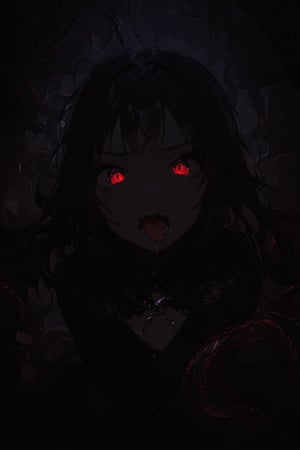 //quality, (masterpiece:1.331), (detailed), ((,best quality,)),//,(pov,(close-up portrait to fangs: 1.3 )(from_below:1.2),//,1girl,(loli:1.3),//,(long hair:1.2), (black hair:1.3),detailed eyes,red_eyes,glowing eyes,eye_half_opened,//,(black dress:1.21), (tentacles:1.3),//,looking down,facing_viewer,fangs,mouth_open,drooling,//,(bent over:1.4),//,dimly lit hallway,hallway,,night,(dark background:1.331),dark anime,creepy, horror,dark fantasy,hallucination,fear,thriller,eldritch abomination,aliasing,hell,(sharp focus), (depth of field),emo
