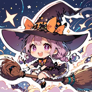 //quality, (masterpiece:1.3), (detailed), ((,best quality,)),//,illustration,//,(1girl),solo,(chibi:1.4),loli,(witch :1.3),//,(purple hair:1.3),(twin braids:1.3),detailed eyes, purple eyes,(,glowing_eyes,sparkling_eyes:1.3),//,witch costume,ribbons,brooch,white gloves,stockings,//,blush,smile,mouth_open,teeth,//(,astride on magic broom:1.4),(outstretched arms:1.2),//,night,moonlight,starry,stars,star_(symbol),firefly,magic_broom,(stickers:1.3),sticker,outline