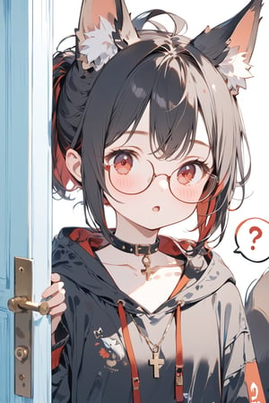 //quality, masterpiece:1.4, detailed:1.4, ,best quality:1.4, //, 1girl,solo,Tekeli,//,black fox ears,animal ear fluff,black fox tail,black hair,red inner hair,short ponytail,sidelocks,red eyes,collarbones,small_chest,//,fashion,red_glasses,cross_necklace, black hoodie,hood_down,//,blush,expressionless,mouth_open,:o,looking_at_viewer,looking_down,//,close up portrait,spoken_question_mark,?,??,opening door,//,indoor,blue door,straight-on,peeking out upper body