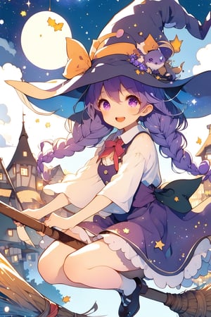 //quality, (masterpiece:1.3), (detailed), ((,best quality,)),//,illustration,//,(1girl:1.3),solo,loli,(wizard:1.3),//,(purple hair:1.3),(twin braids:1.3), detailed eyes, purple eyes,(,glowing_eyes,sparkling_eyes:1.3),tiny_breasts,//,wizard costume, ribbon,brooch,stockings,//,blush,smile,mouth_open,teeth,//(,riding on magic broom:1.4),//,(night:1.3),moonlight,stars,star_(symbol),firefly,town scenery,flowers,violet,,wind_effect,magic_broom,watercolor \(medium\)