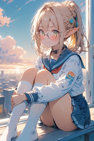 //quality, masterpiece:1.4,detailed:1.4,best quality:1.4, //,1girl, solo,//,elf,elf_ears,(dark skin),blonde_hair,straight_hair,french_braid,sidelocks,light green eyes,detailed eyes,(large chest),//,(glasses),hair_accessories,sailor_collar,white school uniform,(white stockings),//,light smile,closed_mouth,blush,//,sitting on window,hugging own legs,feet up,knee_up,,//,school,(sunset),backlighting,aesthetic,Colorful art,Vivid Colors,outdoors, building, cityscape,scenery