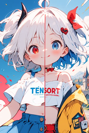 Σ(*ﾟдﾟﾉ)ﾉ TensorArt-chan//quality, masterpiece:1.4, detailed:1.4, best quality:1.4,//, split screen,puzzle,(SplitScreen),upper body,splitscreen of devil and angel,red and blue puzzle,puzzle background,colorful background,Colorful art,close-up portrait,//,1girl,solo,loli,//,(short twintails),(white hair),(blue inner hair),ahoge,hair_accessories,beautiful detailed eyes,glowing eyes,blue eye,navel,off-shoulder,collarbones,//,fashion,white crop top,long sleeves,white gloves,blue skirt//,happy,smile,mouth closed,blush,looking at viewer,cute comic,BREAK,1girl,solo,loli,//,(short twintails),two side up,(white hair),(blue inner hair),ahoge,devil horns,hair_accessories,beautiful detailed eyes,glowing eyes,red eye,((heterochromia)),navel,//,fashion,white crop top,white shirt,gloves,belt,blue skirt,//,evil smile,naughty_face,tongue out,blush,smirk,looking at viewer,//,(((top wear with title text read as "TENSORART"))),BREAK