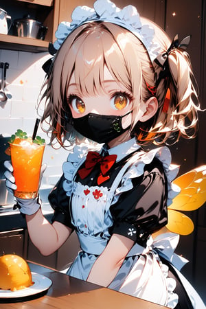 //quality, masterpiece:1.4, detailed:1.4, best quality:1.4,//,1girl,solo,loli,//,yellow hair,two_side_up,short_hair,drill_hair, detailed eyes,yellow eyes,//,bee_wings,(face_mask and clover_symbols),bow,maid headband,white maid_costume with clover_symbols,black clover symbols,white gloves,//,(holding drinks),,//,indoors, kitchen,Deformed,Details,Detailed Masterpiece