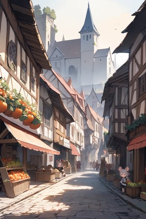 //quality, masterpiece:1.4, detailed:1.4,best quality:1.4,//,scenery, town, mouse_girls, loli, multiple_girls,fruit market, fruits, (mouse_ears),mouse tail, crown, medieval town,Deformed