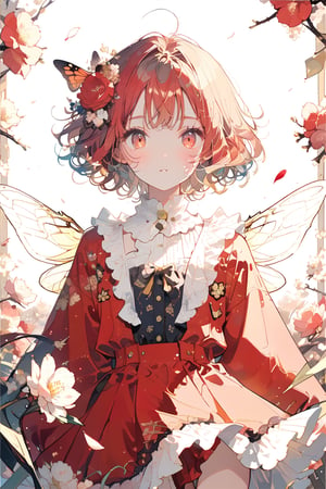 //quality, (masterpiece:1.4), (detailed), ((,best quality,)),//, cloes-up portrait,1girl,solo,bee_girl,//, red hair, short hair,antenna_hair,sidelocks,hair_flowers, beautiful detailed eyes,glowing eyes,red eyes,//,(sparking bee_wings:1.3),red_dress,
,//, blush,expressionless,looking_at_viewer, first-person_view,//,,//, scenery, outdoors, flower_petals,flying_petals, flowers petals floating in air,((bees)), (straight-on:1.3),//,emo,aesthetic
