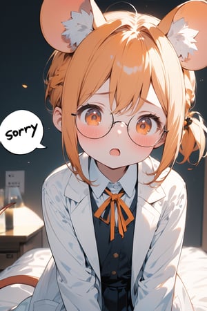 //quality, masterpiece:1.4, detailed:1.4,best quality:1.4,//,1girl,solo,loli,//,mouse_ears,mouse_tail, animal ear fluff,orange_hair,short ponytail,sidelocks,orange_eyes,detailed eyes,//,hair_accessories,ribbons,round glasses,white lab coat,pleated skirt,//,blush,embarassed,mouth_open,looking_down,looking_at_viewer,//,close up portrait on,//,indoor,dark background, bedroom,(((spoken words with text "Sorry" )))