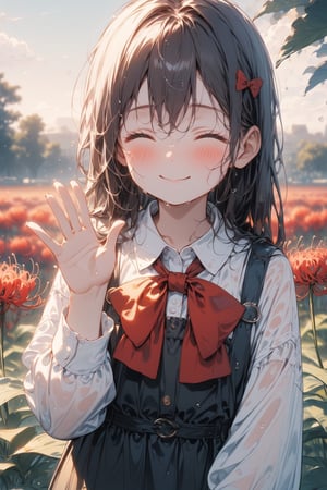 //quality, masterpiece:1.4, detailed:1.4,best quality:1.4,//,1girl,solo,loli,//, black_hair,long hair,straight_hair,closed_eyes,//,black suspender dress,white shirt,red bow,long_sleeves,black shoes,wet,wet hair,wet clothes,//,closed_mouth,gloomy face,blush,smile,//,(goodbye),hand_raised,waving hand,//,daybreak,blurry_background,cloudy,perfect lighting,spider_lily_flower,garden,straight-on,close_up portrait,upper_body,hand focus