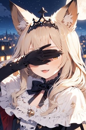 //quality, masterpiece:1.4, detailed:1.4,best quality:1.4,//,loli,solo:1.2,//,orange_hair,long_hair,animal ear fluff,fox_ears:1.4,//,blonde crown,crown:1.4,eye Mask,Phantom thief costume,black_cloak:1.2,long cloak:1.2,bow,black gloves:1.4,belts,//,evil smile:1.4,blush,cute_fangs:1.2,//,covering eyes :1.4,close_up,head focus,//,blurry_background,night:1.2,rooftop,moon,covering eyes