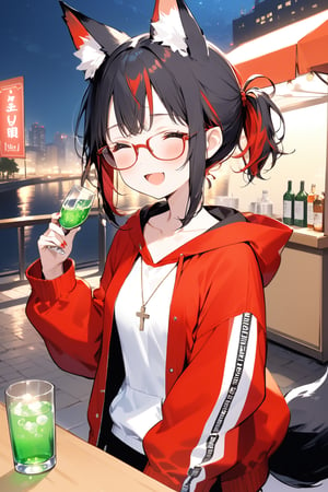 //quality, masterpiece:1.4, detailed:1.4, ,best quality:1.4, //, 1girl, cute,solo,Tekeli,//,black fox ears,animal ear fluff,black fox tail,black hair,red inner hair,short ponytail,sidelocks,collarbones,small_chest,//, fashion,red_glasses,cross_necklace, hoodies,hood down,//,blush, closed eyes,:D,(drunk),//,soju, holding glasses of soju,cowboy_shot,//,indoor,night,street stall, river, cityscape,ink paint, drunk bubbles,alcohol