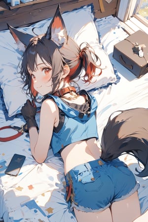 //quality, masterpiece:1.4, detailed:1.4, ,best quality:1.4, //, 1girl,solo,Tekeli,//,black fox ears,animal ear fluff,black fox tail,black hair,red inner hair,(short ponytail),sidelocks,red eyes,median furrow,//,fashion,(adventure costume),cat_collar,(camouflage),crop top,short_sleeves,blue mini shorts, gloves,//,blush,closed_mouth,smile,(face down),lying on bed,(on stomach),(thumbs_up),(hand_up),//,indoors,bedroom,pillow,bed,from_behind,from_above,scenery
