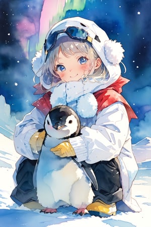 //quality, (masterpiece:1.331), (detailed), ((,best quality,)),//,close_up portrait of girl and penguin,(1girl:1.1),//,white hair,detailed eyes,//,(penguin costume:1.3),(black|white penguin hood:1.4),(hood_up:1.1),long_sleeve, gloves,(black pantyhose:1.1), yellow boots,//,blush, happy_face,smile,//, kneeling_down,(penguins:1.2),(hugging penguin:1.3),facing_viewer,//, ,ice,ice land,night, starry_night, (aurora:1.3),ice and snow,Penguin ,Bird ,Animal ,fluffy fur,aesthetic,watercolor \(medium\)