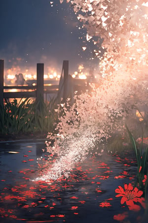 //quality, masterpiece:1.4, detailed:1.4,best quality:1.4,//,,daybreak,cloudy,perfect lighting, spider_lily_(flower),garden,fence, reflection,light particle,abomination,fog,smoke on the water,(day),perfect lighting,red tentacle,particle effects monster and ,DisintegrationEffect,blurry_background