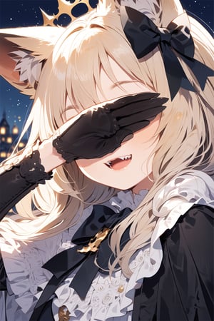 //quality, masterpiece:1.4, detailed:1.4,best quality:1.4,//,loli,solo:1.2,//,orange_hair:1.4,long_hair,animal ear fluff,fox_ears:1.4,//,crown:1.4,eye Mask,Phantom thief costume,black_cloak:1.2,long cloak:1.2,bow,black gloves:1.4,belts,//,evil smile:1.4,blush,cute_fangs:1.2,//,covering eyes :1.4,close_up,head focus,//,blurry_background,night:1.2,rooftop,moon,covering eyes