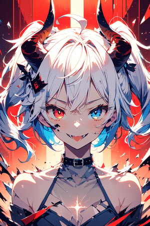 [Σ(*ﾟдﾟﾉ)ﾉ TensorArt-chan:0.00]//quality, masterpiece:1.4, detailed:1.4, best quality:1.4,//,1girl,solo,loli,//,(short twintails),(white hair),(blue colored inner hair),ahoge,demon horn,hair_accessories,beautiful detailed eyes,glowing eyes,(blue eye),(red eye),(heterochromia),//,fashion,white crop top,gloves,belt,blue skirt,//,naughty_face,blush,smirk,frowning,cute_fangs,(tongue out),looking at viewer,close-up portrait,//,one hand_up,hands_on_face,straight-on,//,warning signal,internet,red data codes,red glitch effect,dark red theme,straight-on,scenery,sunset,red sky,red backlighting,shards,brocken glass,transparent glass,pieces of glass,Made_of_pieces_broken_glass,face focus,dark anime,dark fantasy