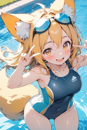 //quality, masterpiece:1.4,detailed:1.4,best quality:1.4, //,1girl, solo,//, yellow dog ears, animal ear fluff, yellow dog tail, hairstyle, yellow hair, long hair, wavy hair, bangs, yellow eyes, detailed eyes, large chests,armpits,//,goggle_on_head, school_swimsuit, sukimizu,wet, wet hair, sleeveless, covered_navel,//,blush, smile, grinning, //,leaning_forward,v,v over eyes, cowboy_shot,//,swimming_pool,competitive swimsuit,Colorful art,Vivid Colors