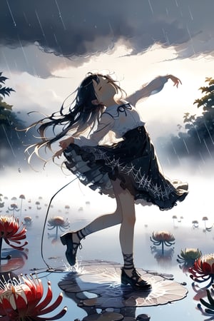 //quality, masterpiece:1.4, detailed:1.4,best quality:1.4,//(heavy raining),night, (cloudy),fog, spider_lily_(flower),(garden),puddle,fence,//,1girl,solo,(loli),//, black_hair,long hair, straight_hair,sidelocks,(closed_eyes),//,(black dress), white shirt,bow,long_sleeves,(white sleeves),black shoes,(wet),wet hair,wet clothes,wet legs,//,closed_mouth, blush,glommy face,//,(dancing),dynamic pose,one_leg_raised,//,(straight-on),Deformed,blurry_background,motion_blur,close_up,
