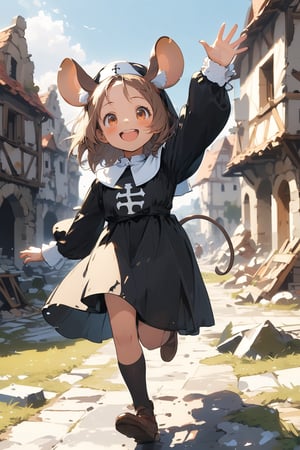 //quality, masterpiece:1.4, detailed:1.4,best quality:1.4,//,1girl,(solo),loli,//, brown mouse_ears,mouse_tail,animal ear fluff, medium hair, brown hair, (orange eyes),//,(black nun costume),//,blush, happy, smiling ,mouth_open, upper_teeth, full body shot,arm_up, arm_raised,waving,running,//, medieval,destruction, destroyed building, (blurry background),dal-6 style, blue shy