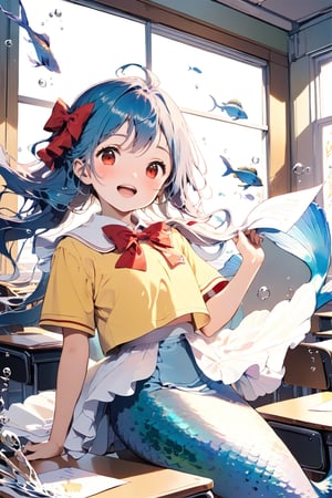 //quality, (masterpiece:1.4), (detailed), ((,best quality,)),//1girl,solo,(mermaid:1.4),(loli:1.3), child,cute,//,(blue_hair:1.3),ahoge,floating_hair, detailed_eyes,(red eyes:1.2),//,bows,frilled,(yellow kindergarten uniform:1.3), yellow dress,//,(happy:1.2),smile,teeth,mouth_open//,(holding paper:1.3),(facing_viewer, straight-on:1.4),//,(classroom:1.4), (wall:1.1), (blackboard:1.3),(indoors:1.3),detailed room, underwater,(fish:1.2), bubbles,close_up,(comic:1.4)