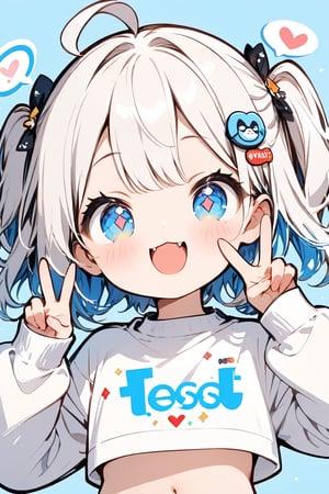 ✧*｡٩(ˊᗜˋ*)و✧*｡The TensorArt-chan//,quality, masterpiece:1.4, detailed:1.4, best quality:1.4,//,1girl,solo,loli,cute,//,(short twintails),two side up,white hair,blue inner hair,ahoge,hair accessories,small chests,blue eyes,beautiful detailed eyes,glowing eyes,navel,//fashion,crop top,white top wear with logos,long sleeves,blue skirt,//,blush,smile,cute_fangs,looking at viewer, straight-on,hand_up,v,v-sign,v over eyes,(speech bubbles),((((spoken_heart)))),red heart,head tilt,//,blue_background,simple_background,close up portrait,upper_body,stickers,outline ,Deformed,sticker,chibi,chibi style,((Chibi character)),top wear with title text read as "TENSORART"