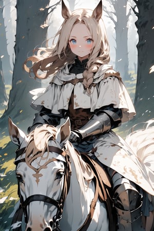 //quality, masterpiece:1.4, detailed:1.4,best quality:1.4,//,1girl,solo,royal knight,//,blonde_hair:1.3, long hair,(single braid),horse_ears,forehead,horse_tail, detailed eyes, blue eyes,//,detailed white armor,white cloak,puffy sleeves,gauntlets,leather_belt,//,blush, serious,light smile, closed_mouth,//,(riding on white horse), straight-on,//, forest,wind effect, Medieval,