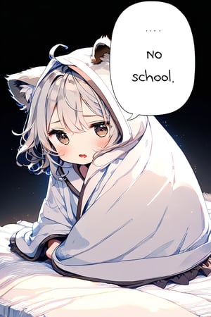 //quality, masterpiece:1.4, detailed:1.4,best quality:1.4,//,1girl,solo,//,raccoon girl,gray raccoon ears, animal ear fluff,gray hair, messy hair,ahoge, medium hair, brown eyes,detailed eyes,//,hair_accessories,accessories,pajamas,(wrapped blanket), white blanket,(head covering blanket),//,> <,blush,sleepy, wavy_mouth, holding back one's tear,mouth_open,bags_under_eyes,(bags under eyes),//,sitting on bed, (hiding under blanket),//,indoor,dark background, bedroom, white blanket,comfyblanket,chibi,(((spoken text reads as "NO SCHOOL" )))