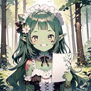 //quality, (masterpiece:1.4), (detailed), ((,best quality,)),//1girl,loli, cute,//,(green pointy_ears:1.3),(,green skin:1.4),medium_hair, straight_hair,//, lolita,//, :>, smiling,//,(holding paper:1.1),//, colorful,forest, flower, plant, leaves, tree,tattoo,face tattoo ,(PaperLikeFace :1.4),PaperLikeFace,