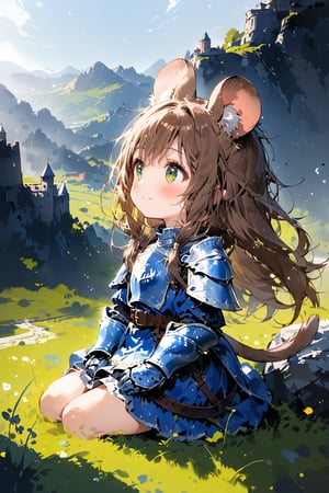 //quality, masterpiece:1.4, detailed:1.4,best quality:1.4,//,1girl,solo,loli,mouse girl,knight,//,brown mouse ears, animal ear fluff, brown mouse tail,(brown hair),long hair, messy hair,beautiful detailed eyes, (green eyes),//,(white armor), blue armor dress,leather belt,gauntlets,thigh,//,blush,light smile,looking up,looking away,full body shot,profile,//,sitting on grass,on mountain,//,medieval,from side,nature,ink,ink smoke,ink smoke background