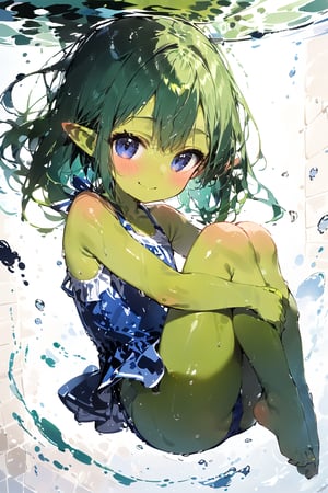 //quality, masterpiece:1.4, detailed:1.4,best quality:1.4,//,pointed_ears,((((green skin)))),((((green colored_skin)))),1girl,loli,solo,bangs,sidelocks,green hair, medium_hair, straight_hair,blue_eyes,covered_navel,//,(wet),wet_hair,blue school_swimsuits,//,(fetal position),(hugging_own_legs),((from_side)),(floating under water), smiling, knees_up,legs up,//,(under water),best_falling,White Tile Wall background,ink paint