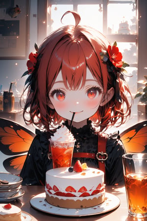 //quality, masterpiece:1.4, detailed:1.4, best quality:1.4,//,1girl,solo,//,(red hair),short hair,ahoge,sidelocks,beautiful detailed eyes,glowing eyes,red eyes,//,hair_flowers,(bee_wings),black gothic_lolita,//,blush,light smile,//,sitting,(drinking),straw_(drinking),head resting,//,indoors,desk,chairs,Details,Detailed Masterpiece,Deformed,while desk with a lot of dishes,cakes,drinks,cookies,//,close_up,straight-on,pov,(pov of viewer drinking with the girl and  holding drinks and cheers)