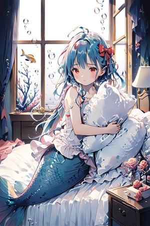 //quality, (masterpiece:1.4), (detailed), ((,best quality,)),//1girl,(mermaid:1.4),(loli:1.3), child,cute,//,(blue_hair:1.3),ahoge,floating_hair,detailed_eyes,(red eyes:1.2),//,(bows,frilled_dress),pajamas,//,blush,furrowed brow,sad,gloom,:(,//,pillow hug,//,window,bedroom,bed, underwater,(fish:1.2), bubbles,close_up portrait,(scared to sleep alone :1.4), 