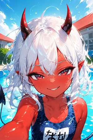 ,//quality, masterpiece:1.4, detailed:1.4,best quality:1.4,//,1girl,loli,solo,//,demon girl,((red colored skin)),(red skin),devil horns,(devil tail), white hair, medium hair, sidelocks, light red eyes, beautiful detailed eyes, half closed eyes,collarbone,covered_navel,(wet),wet_hair,//,hair_accessories,candies accessories,school swimsuit,//,evil smile,grinning,smirk,//,close-up portrait, ((Selfie)), (holding mobile phone),//,blue sky,swimming_pool,Colorful art,Vivid Colors,ink paint,