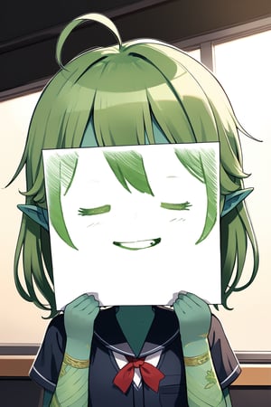 //quality, masterpiece:1.4, detailed:1.4,best quality:1.4,//,1girl,cute,solo,loli,//,pointed_ears,(((green skin))),ahoge,green hairs, medium_hair, straight_hair,//, school_uniform,//,:>,smile,//,hands holding paper,close-up,speech_bubble,//, indoor, blackboard,PaperLikeFace, tattoo 