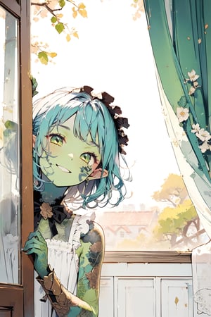 //quality, (masterpiece:1.4), (detailed), ((,best quality,)),//1girl,loli, cute,//,(green goblin_ear:1.3),(green face),(,green skin:1.4),medium_hair, straight_hair,//,lolita, white clothes,//,smiling,//,peeking out,(,peeking out upper body :1.4), (transparent curtains:1.2),//,window,leaf, flowers,tattoo,face tattoo,goblin,patina metal skin, scenery 