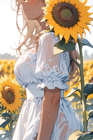//quality, masterpiece:1.4, detailed:1.4,best quality:1.4,//,1girl, solo,//,(tan skin),blonde_hair,(long hair),french_braid,(large chest),//,white dress,lolita,see_through dress,//,sweaty,light smile,closed_mouth,//,holding sunflower,//,windy,sunflowers, sunflower fields, nature, backlighting, close-up to sunflower,close_up shot of waist and (head_out of frame)