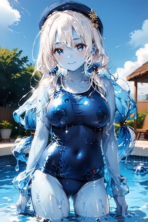 score_9,score_8_up,score_7_up,source_anime,BREAK,//quality, masterpiece:1.4,detailed:1.4,best quality:1.4, //,solo,1girl,(slime girl),//,(white hair),liquid hair,slime hair,blue gradient hair,long hair,(low-tied long hair),detailed eyes,light blue eyes,((((blue colored skin)))),(largebreasts),navel,(wet),wet_hair,slime body,slimy,liquid body,//,blue beret,candies accessories,school swimsuit,//,posing,//,closed_mouth,light smile,:3,//,slimes,blue sky,(school swimming_pool),Colorful art,Vivid Colors,ink paint,Slime,slime skin,wizardslimus,Translucent body 