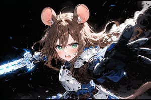 //quality, masterpiece:1.4, detailed:1.4,best quality:1.4,//,1girl,solo,mouse girl,knight,//,brown mouse ears, animal ear fluff, brown mouse tail,brown hair,long hair,messy hair,(green eyes),glowing eyes,//,white armor,cracked armor, broken armor,leather belt,gauntlets,thigh,//,dirty face,injured,wounded face,sweaty,very angry,blush,serious,looking_at_viewer,wide mouth,open mouth,teeth,//,((hands holding sword above head)),magic sword,light particles,(glowing sword),blue glowing sword,strirke,one arm up,one arm above head,jumping,impaling,//,medieval,simple background,black background,flying debris,smoke,blue ink smoke,ink smoke background,motion blur, blurry background,straight-on,close-up portrait of face,cropped shoulders,high contrast,blue vfx,full vfx,wind effect,dust effect,comic of glowing sword,IncrsPunchMeme,incoming punch