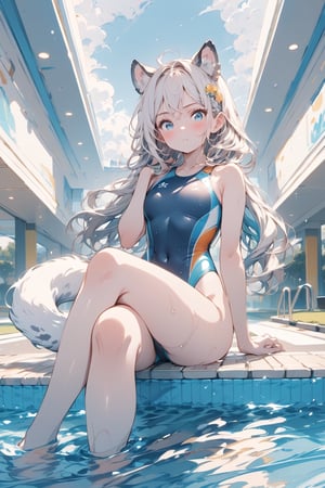 //quality, masterpiece:1.4,detailed:1.4,best quality:1.4,//,1girl,solo,//,white leopard_ears,white tail,white leopard tail,hairstyle, white hair,long_hair,single braided,braided_hair,shiny_hair,sidelocks,blue_eyes, detailed eyes,shiny_skin,//,hair_ornaments,ornaments,(white swimsuit),competition swimsuit,covered_navel,wet,wet_legs,//,serious,blush,looking_down,looking_at_viewer,closed_mouth,//,crossed_legs,sitting by the pool,//,swimming_pool,from_below,competitive swimsuit,Colorful art,Vivid Colors