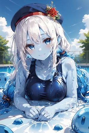 score_9,score_8_up,score_7_up,source_anime,BREAK,//quality, masterpiece:1.4,detailed:1.4,best quality:1.4, //,solo,young,1girl,(slime girl),//,(white hair),liquid hair,slime hair,blue gradient hair,long hair,(low-tied long hair),detailed eyes,light blue eyes,((((blue colored skin)))),(largebreasts),(wet),wet_hair,slime body,slimy,liquid body,//,blue beret,candies accessories,school swimsuit,//, straight-on, lying down on slime, ((lying down on stomach)), pov slime, upper_body,//, close-up portrait,closed_mouth,light smile,:3,//,slimes,blue sky,swimming_pool,Colorful art,Vivid Colors,ink paint,Slime,slime skin,wizardslimus,Translucent body 