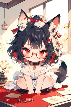 //quality, (masterpiece:1.3), (detailed), ((,best quality,)),//,(,fox only,chibi,solo,animal:1.4),(,no humans:1.4),//(,fluff fox, animal ear fluff),(black fox:1.2), (black hair, shot ponytail,red inner fluff),cute fox,red_eyes,( black fox_tail with red inner fluff),(glasses:1.2),:<,blushing,(collar),indoors, on table,emo