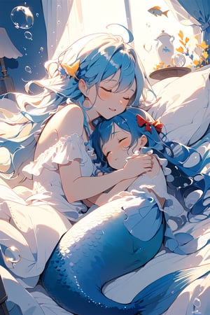 //quality, (masterpiece:1.4), (detailed), ((,best quality,)),//2girls,(blue_hair mermaid:1.4),(blue_hair child_and_mother:1.4),loli,cute,//BREAK, AND 2girls,(blue_hair:1.3),ahoge,messy_hair,close_eyes,BREAK AND 2girls,(blue_hair:1.3),floating_hair,close_eyes,large_breasts,//,bows,(pajama),under blanket//,smile,blush,mouth_open,//,(sleeping together:1.4),(hugging each other:1.3),(lying on bed:1.2),//,bedroom,bed,pillows,blankets,(indoors:1.3),detailed room,(fish:1.2), bubbles, futon,under covers,close_up