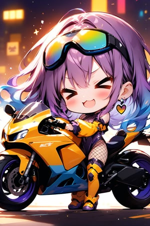 //quality, masterpiece:1.4, detailed:1.4, ,best quality:1.4, //,1girl,solo,(chibi),//, ((purple_hair)), (blue hair),(((gradient hair))), long hair, wavy hair,shoulders,large chests,//, goggle on head: 1.1, earrings,yellow jacket, leotard, detached sleeves, (fishnets), thigh boots,//, blush,smile,mouth_open, closed eyes, >3<,(>_<),//, yellow motorcycle,squatting on floor and next to the motorcycle,close-up shot of girl touching motorcycle, touching motorcycle,(pov motorcycle),(spoken_heart),from_side,from_below, //,neon lights glow in the dark,night,blurry_background,backlighting,vibrant colors,Colorful art,ink paint,((Chibi character))