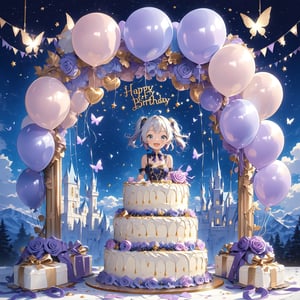 //quality, masterpiece, detailed, ,best quality, //, 1girl, solo, loli,, //, (short twintails: 1.4), (white hair: 1.4), (purple inner hair: 1.2), ahoge, (blue eyes: 1.4), beautiful detailed eyes, glowing eyes, //,ribbons, purple evening gown,purple long gloves, //, smiling, blush, happy face, cute_fangs, looking at viewer, facing viewer, //, cowboy_shot, straight-on, //,table, purple butterflies, purple rose, purple heart balloons, starry, night, scenery,cake, Birthday cake, huge cake,fantasy cake, cake focus, CakeStyle,candies,candles:1.2,cake with number "1",( cake with signboard text "HAPPY Birthday",),Text