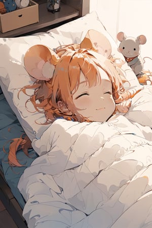 //quality, (masterpiece:1.331), (detailed), ((,best quality,)),//,(1girl),solo,(loli),cute,,//,(mouse_ears:1.3),(orange_hair:1.3),hairstyle, medium hair, ((,messy_hair,)),sidelocks,//,pajama,under covers,//,(eye_closed:1.3), smile,//, lying, sleeping,//, indoor,orange tone, bedroom, detailed room,aesthetic,night:1.3, futon,blue blanket,orange pillow,