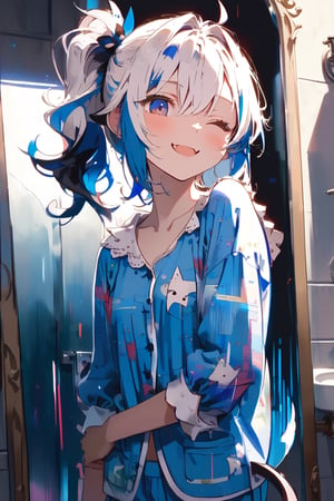 //quality, (masterpiece:1.331), (detailed), ((,best quality,))//,close-up protrait,//,1girl,loli,cute,//,(white hair:1.3),(blue hair:1.2),(colored inner hair:1.4),(side_ponytail:1.331),ahoge,hair_accessories,beautiful detailed eyes, glowing eyes ,(blue eyes:1.2),(,one_closed eye:1.4),(small_breasts:1.331),//,,fashion,(blue pajama:1.331),(devil_tail: 1.331),//,smile,cute_fang,facing at viewer,//,standing in front of the mirror, (hands in hair:1.331),//,washroom,(glitch effect: 1.331),straight-on,mirror, (refection: 1.331),,//,cute knight