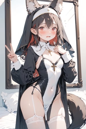 //quality, masterpiece:1.4, detailed:1.4, ,best quality:1.4, //, 1girl,solo,Tekeli,//,black fox ears,black fox tail,black hair,red inner hair,red_eye,long_hair,straight_hair,small_chest,groin,//,(black nun costume),long_sleeves,nun headwear,covered_navel,cross_necklace,white leotard,leotard under clothes,leotard under nun costume,(pelvic curtain),(white garter straps),garter_belt,garter stockings,//,blushing,wavy_mouth,sweat_drops,//,hand covering eyes,v,v over eyes, dynamic pose,//,indoor,bedroom,mirror,reflection,Nun