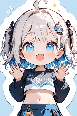 Σ(*ﾟдﾟﾉ)ﾉ The TensorArt-chan//,quality, masterpiece:1.4, detailed:1.4, best quality:1.4,//,1girl,solo,loli,cute,//,(short twintails),two side up,white hair,blue inner hair,ahoge,hair accessories,small chests,blue eyes,beautiful detailed eyes,glowing eyes,navel,//fashion,crop top,white top wear with logos,long sleeves,blue skirt,//,blush,smile,cute_fangs,looking at viewer, straight-on,hands_up,waving,//,blue_background,simple_background,close up portrait,upper_body,stickers,outline ,Deformed,sticker,chibi,chibi style,((Chibi character)),top wear with title text read as "TENSORART"