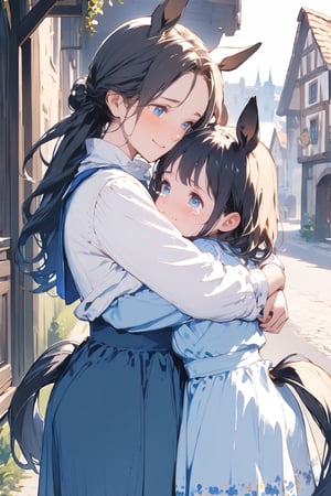 //quality, (masterpiece:1.331), (detailed), ((,best quality,)),//,(((multiple_girls,2girls,mum and daughter,hug each other,))),//BREAK AND ,((2girls)),(black_hair:1.3),hairstyle, long hair,(horse_ears:1.2),(horse_tail:1.2), blue_eyes, smile, countrywomen,large_breasts,smile,//,BREAK AND ,((2girls)),(black_hair:1.3),hairstyle, (long hair),(horse_ears:1.2),(horse_tail:1.2),detailed eyes, blue eyes,long blue dress, crying, //,BREAK,hold back one's tears,(hugging:1.4),//,(town),watercolor \(medium\),Europe medieval, Fantasy, upper_body, (closed_up:1.2)