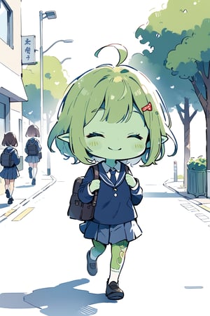 //quality, masterpiece:1.4, detailed:1.4,best quality:1.4,//,(doodle style),//,goblin,pointed_ears,(((green skin))),1girl,loli,ahoge,green hairs, medium_hair, straight_hair,(closed_eyes),//,darkblue school_uniform,schoolbag,tattoo,//,:),smile,walking, //,school road,trees,Japanese road,cute comic,doodleredm,school_girls,blue_sky,crowded street ,blurry_background, chibi