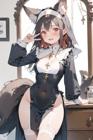 //quality, masterpiece:1.4, detailed:1.4, ,best quality:1.4, //, 1girl,solo,Tekeli,//,black fox ears,black fox tail,black hair,red inner hair,red_eye,long_hair,straight_hair,small_chest,groin,//,(black nun costume),long_sleeves,nun headwear,covered_navel,cross_necklace,white leotard,leotard under clothes,leotard under nun costume,(pelvic curtain),(white garter straps),garter_belt,garter stockings,//,blushing,wavy_mouth,sweat_drops,//,hand covering eyes,v,v over eyes, dynamic pose,//,indoor,bedroom,mirror,reflection,Nun