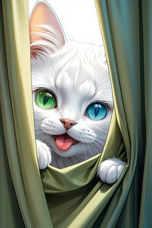 //quality, masterpiece:1.4, detailed:1.4,best quality:1.4,//,white cat,cute,animal ear fluff,(green_eyes),(blue_eyes),(heterochromia),curtains,peeking out upper body,smile,:3, tongue_out,looking_at_viewer,close_up